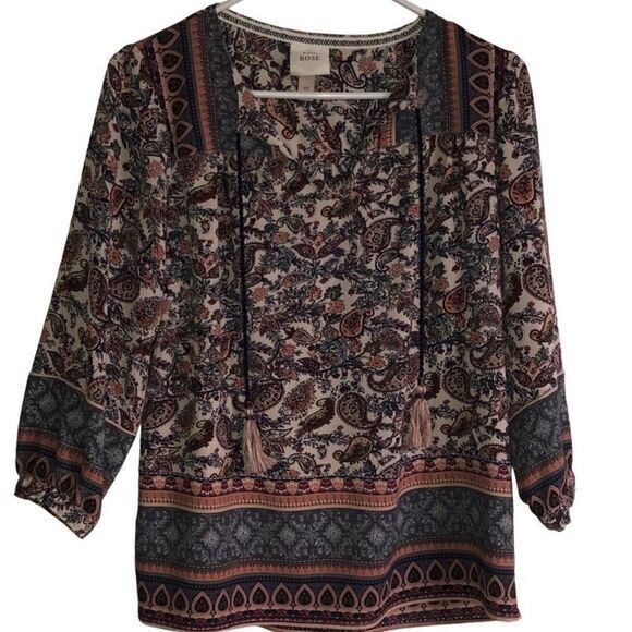 Knox Rose top XS bohemian tassel tie peasant textured paisley print - Picture 1 of 5